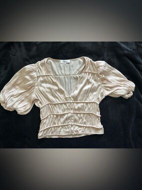 Frame Satin Puff Sleeve Button-Front Top